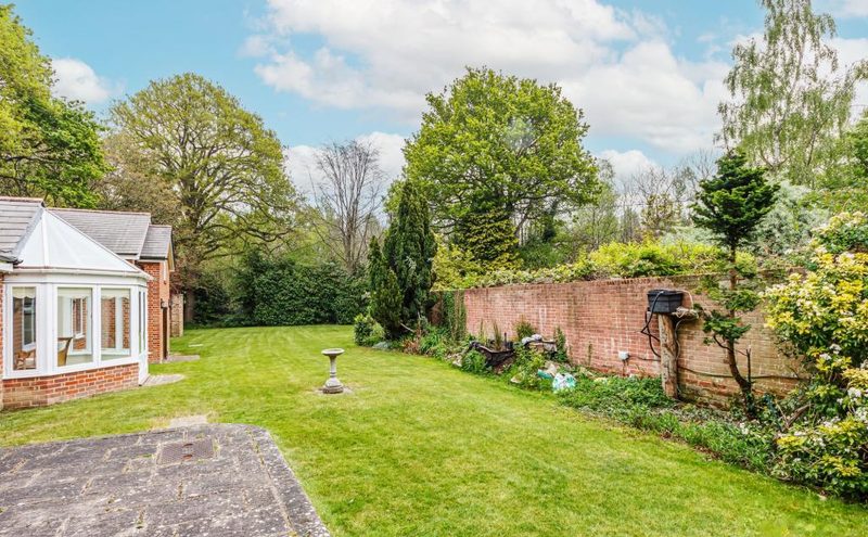 A wide view of the garden with the walled boundary, shrubs and the conservatory.
